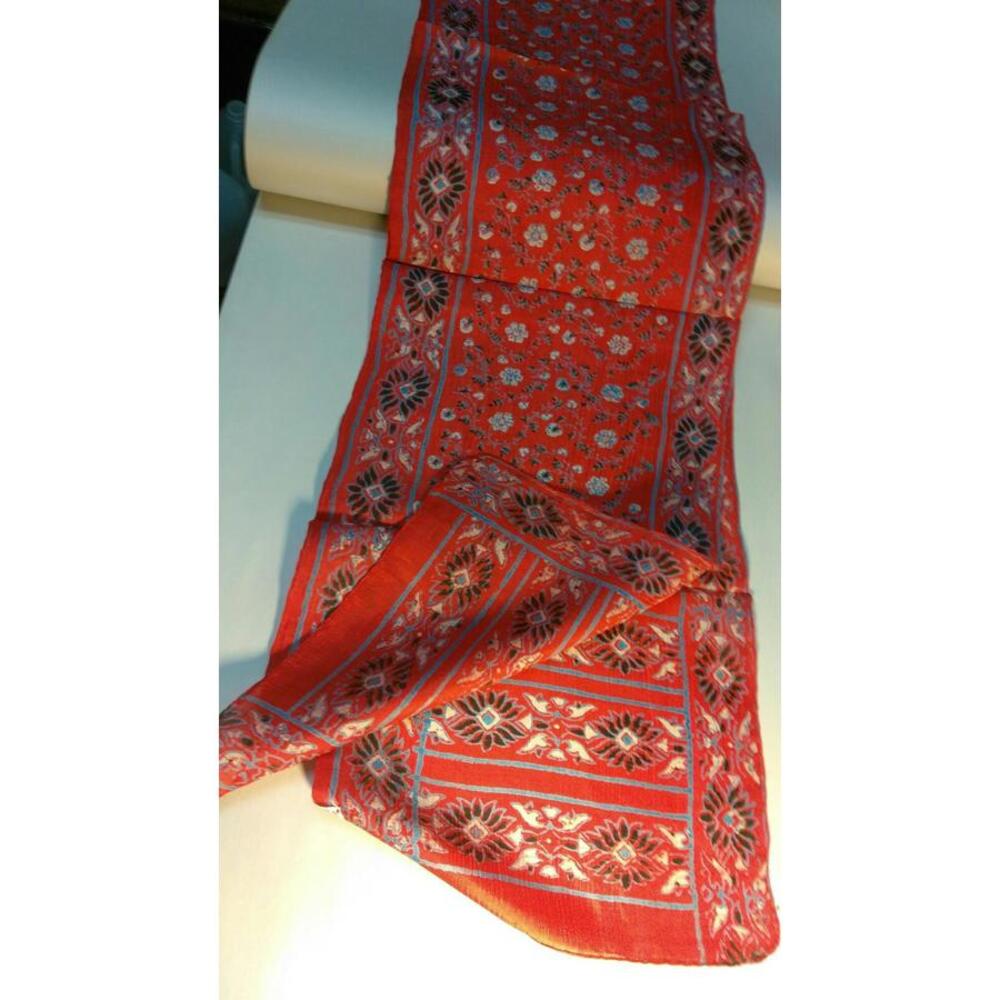 Vintage Red Paisley Long Scarf Pure Silk Made India hand Rolled 1970s TREASURE